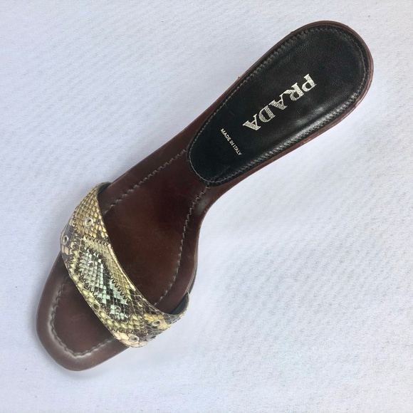 Prada Shoes - PRADA Reptile Leather Slides Heels Sandals Brown